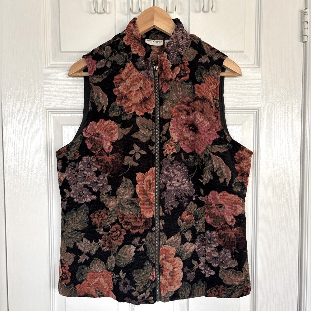 White Stag Vintage Tapestry Vest – Floral Zip-Up – Size Large